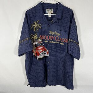 Vintage Big Dogs Woody Classic Hawaiian Shirt Mens XL Blue Rayon Short Sleeve